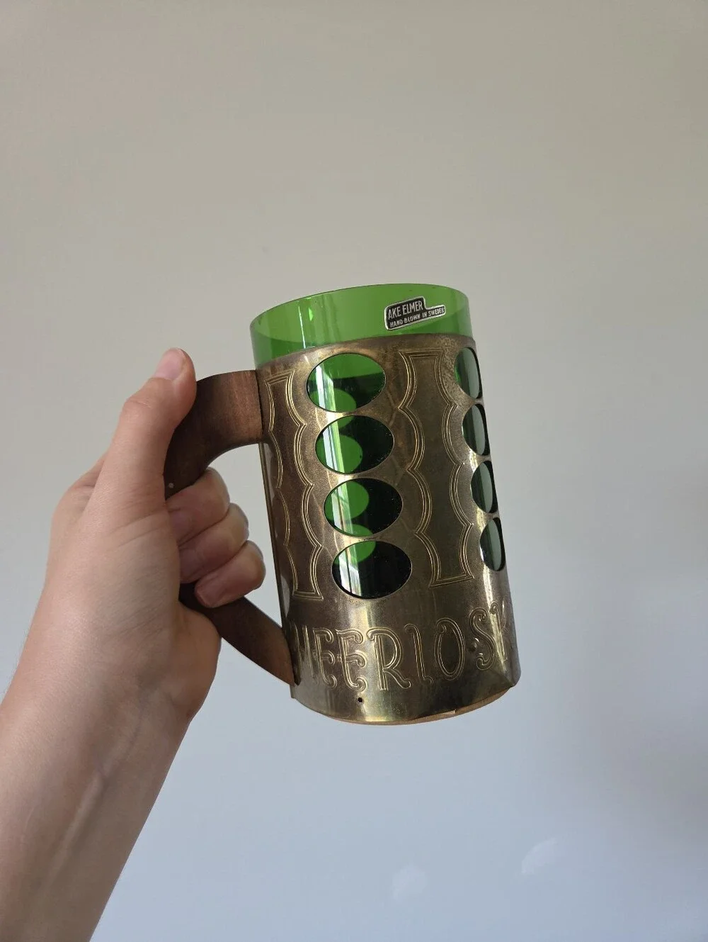 Vintage Swedish Green Glass Beer Mug Åke Elmer Hand Blown Metal Sleeve Mid-Centu